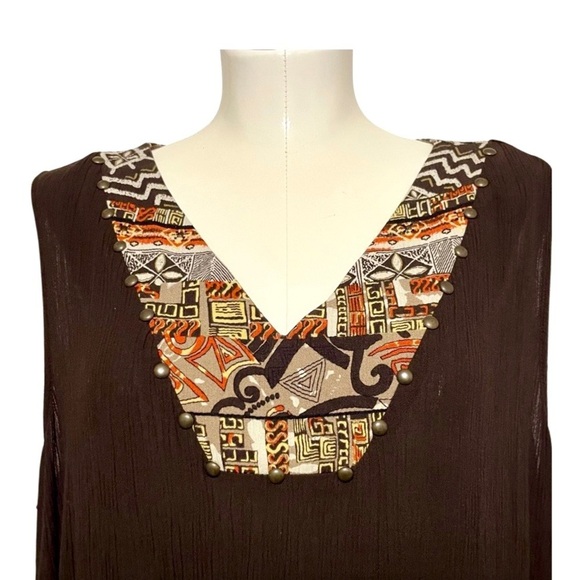 Tribal print brown studded v-neck sleeveless muu muu plus size 2X - Picture 4 of 7